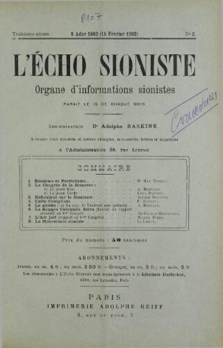 L'Echo Sioniste. Vol. 3 n° 2 (15 février 1902)